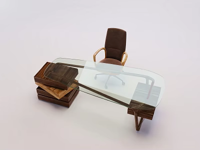 Modern Desk and Chair Set with Glass Top Wooden Frame and Brown Leather Armrests 3d model