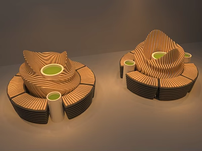 Unique Public Chair Design With Layered Wave Like Structure And Green Circular Seats 3d model