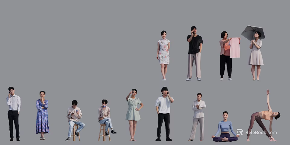 Multiple People In Different Poses And Various Outfits Doing Daily Activities 3d model