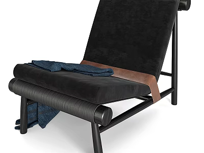 Stylish Black Velvet Lounge Chair With Metal Frame Blue Blanket And Brown Strap 3d model