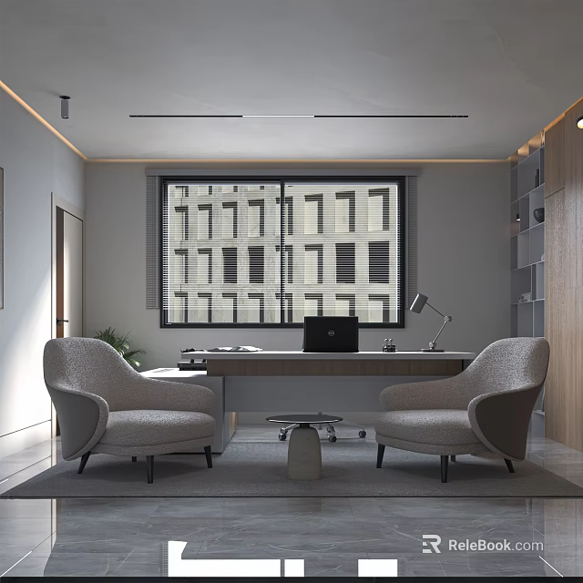 Modern Office Interior With Large Windows Desk Laptop Chairs Bookshelf And Potted Plant 3d model 