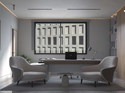 Modern Office Interior With Large Windows Desk Laptop Chairs Bookshelf And Potted Plant 3d model
