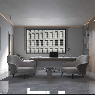 Modern Office Interior With Large Windows Desk Laptop Chairs Bookshelf And Potted Plant 3d model