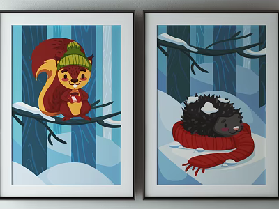Animal Paintings with Squirrel in Green Hat and Hedgehog with Red Scarf in Snowy Forest 3d model