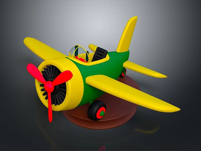 Colorful Children's Toy Airplane With Red Propeller Green Body Yellow Wings and Brown Base 3d model