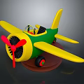 Colorful Children's Toy Airplane With Red Propeller Green Body Yellow Wings and Brown Base