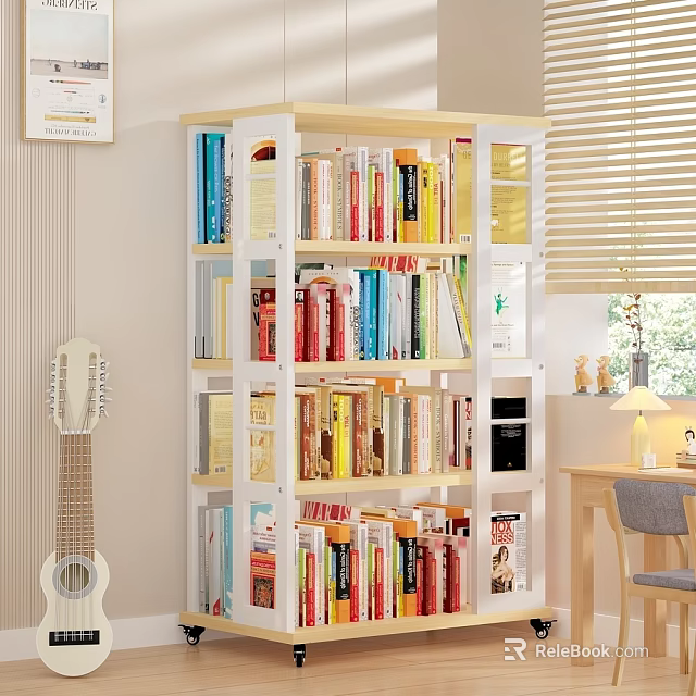 White and Light Wood Bookshelf with Multiple Shelves Filled with Colorful Books in Study Room 3d model 