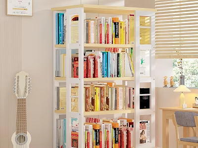 White and Light Wood Bookshelf with Multiple Shelves Filled with Colorful Books in Study Room 3d model