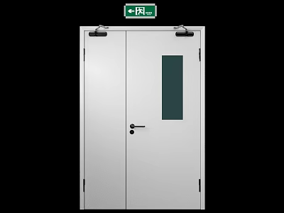 White Double Swing Door With Glass Panel And Green EXIT Sign 3d model