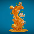 Fresh Orange Juice Splash With Whole Oranges Slices And Green Leaves On Blue Background