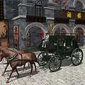 Ancient Architectural Style Commercial Street With Horse Drawn Carriage Red Lanterns And Store Signs