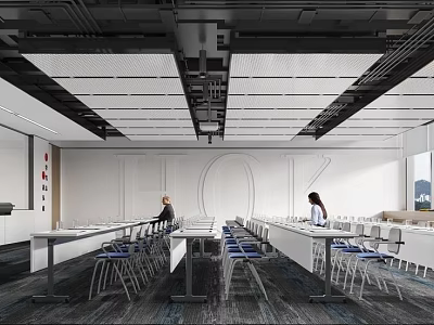 Modern Conference Room With Long Tables Blue Chairs And Large Windows 3d model