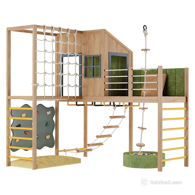 Kids Wooden Playground Equipment With Rope Climbing Net Colorful Climbing Wall Swing And Ladder 3d model 