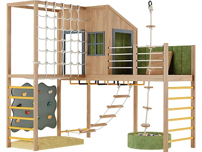 Kids Wooden Playground Equipment With Rope Climbing Net Colorful Climbing Wall Swing And Ladder 3d model