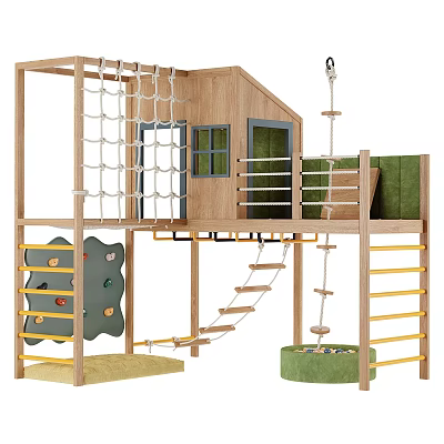 Kids Wooden Playground Equipment With Rope Climbing Net Colorful Climbing Wall Swing And Ladder 3d model