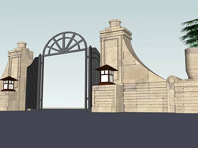 Classic Stone Entrance Gate with Decorative Pillars Lanterns and Green Plant Planters 3d model