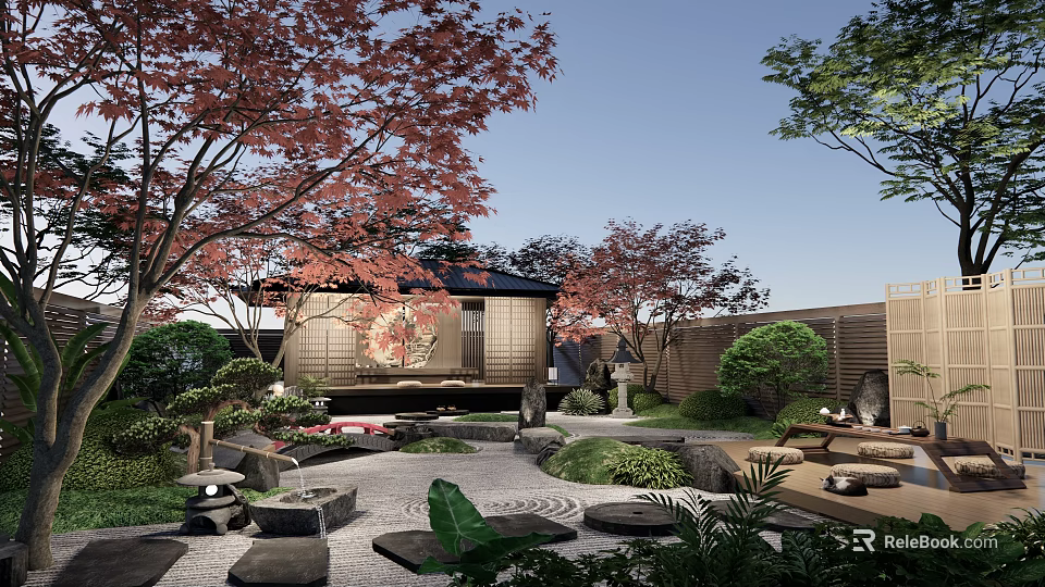 Karesansui Dry Landscape Garden With Traditional Pavilion Red Maple Trees And Stone Path 3d model 