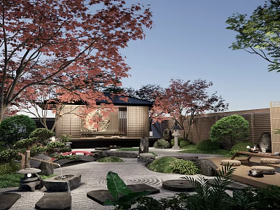 Karesansui Dry Landscape Garden With Traditional Pavilion Red Maple Trees And Stone Path 3d model