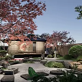 Karesansui Dry Landscape Garden With Traditional Pavilion Red Maple Trees And Stone Path