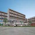 Modern Multi Story School Building With Orange White Facade Large Windows And Students In Campus