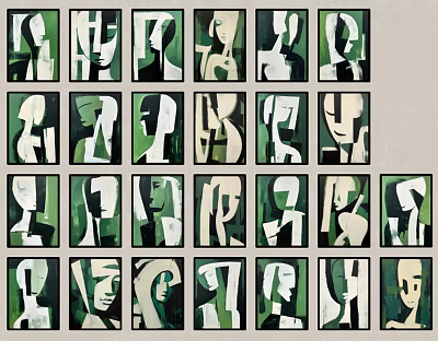Abstract Paintings Featuring Abstract Human Figures In Grid Arrangement With Green White Black Tones 3d model