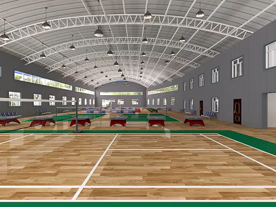 Indoor Sports Gymnasium With Wooden Floor White Lines Green Track Red Seats And Side Windows 3d model