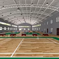 Indoor Sports Gymnasium With Wooden Floor White Lines Green Track Red Seats And Side Windows