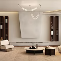 Modern Living Room Interior With Chandelier Large Window Wooden Bookshelves And Light Gray Sofa