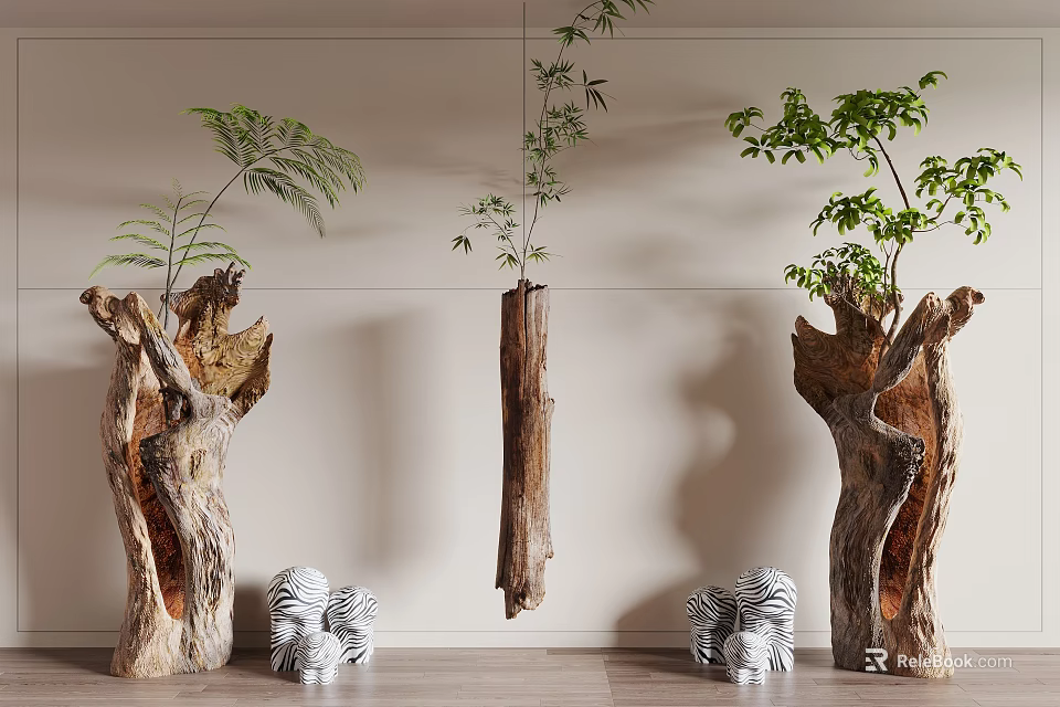 Natural Wooden Stump Planters With Stone Zebra Figurines And Green Plants For Interior Decor 3d model 