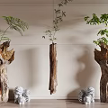 Natural Wooden Stump Planters With Stone Zebra Figurines And Green Plants For Interior Decor