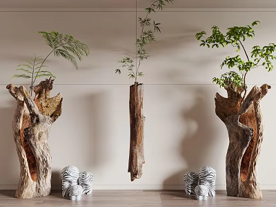 Natural Wooden Stump Planters With Stone Zebra Figurines And Green Plants For Interior Decor 3d model