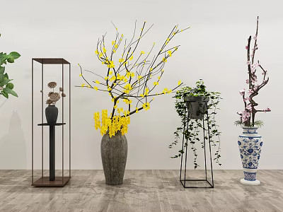 Decorative Vase Flowers Display with Gray Yellow Pink Blooms Metal Porcelain Vases and Green Vines 3d model