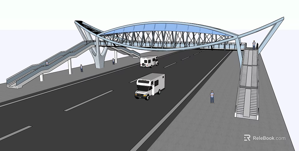 Scenic Arch Bridge With Steel Structure Over Road Vehicles Passing And Pedestrians Nearby 3d model 