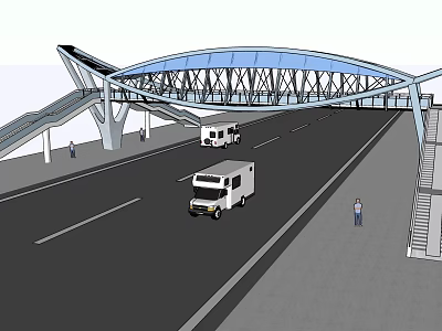 Scenic Arch Bridge With Steel Structure Over Road Vehicles Passing And Pedestrians Nearby 3d model
