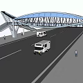 Scenic Arch Bridge With Steel Structure Over Road Vehicles Passing And Pedestrians Nearby