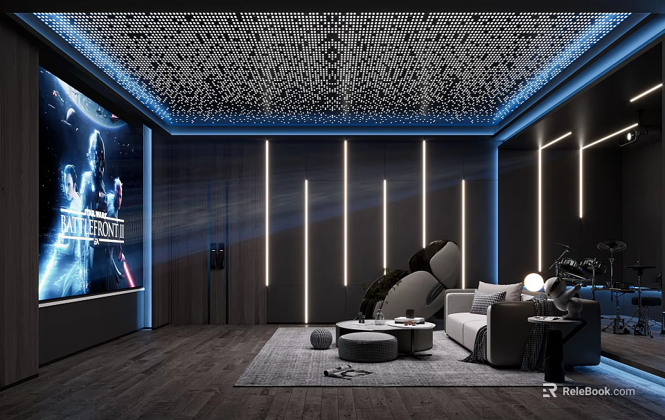 Modern Home Theater with Large Projection Screen Cozy Sofa and LED Strip Lighting 3d model 