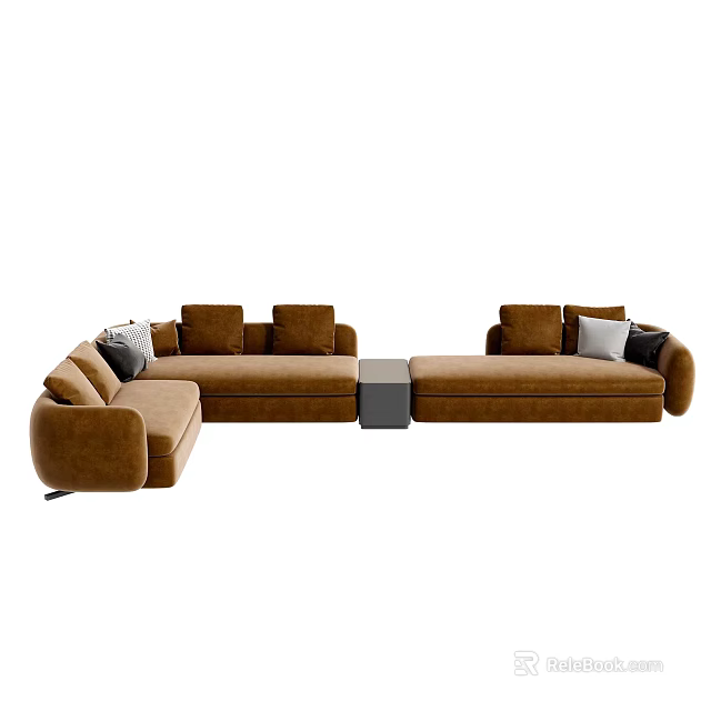 Brown Modern Sectional Sofa With Throw Pillows And Center Coffee Table 3d model