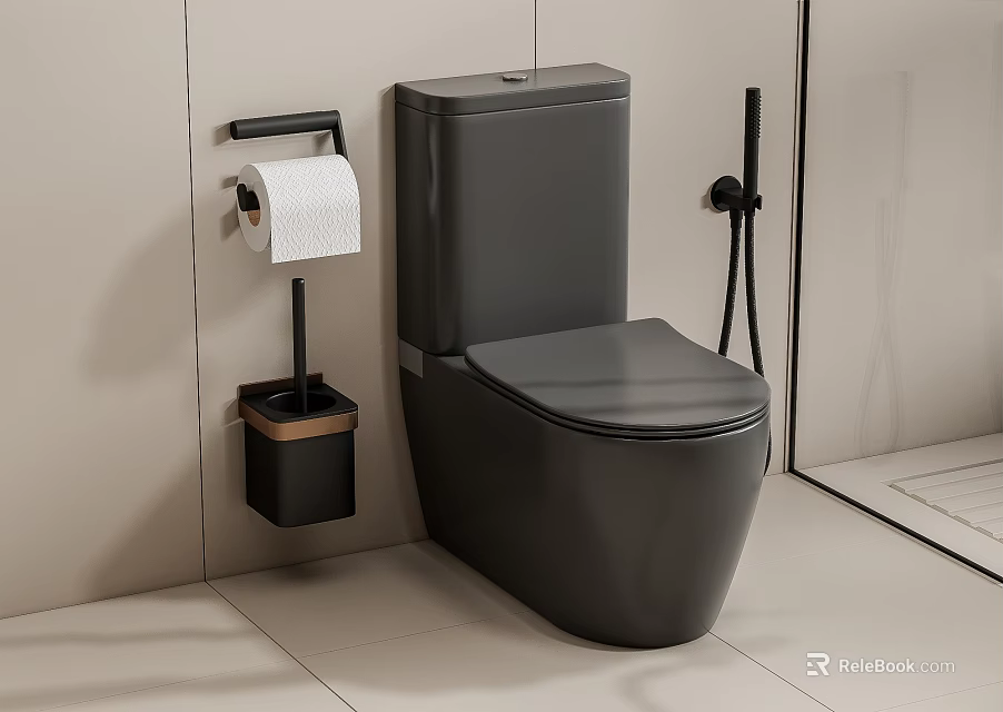Gray Modern Toilet in Bathroom Interior with Toilet Paper Holder and Brush Holder 3d model 