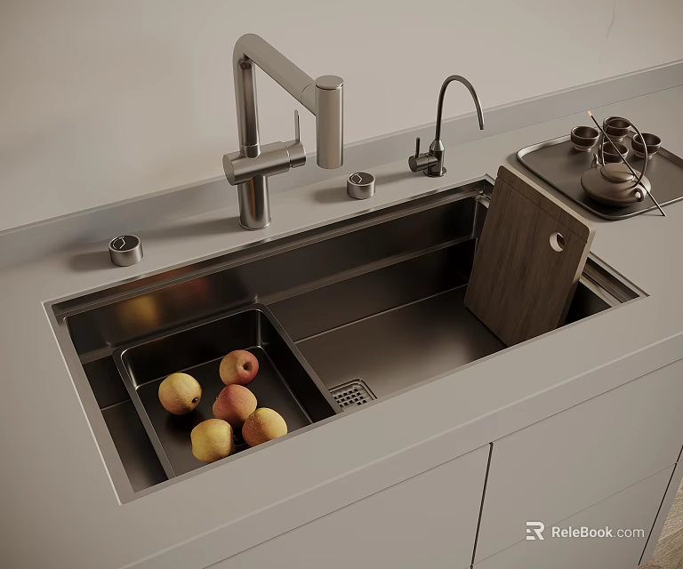 Modern Kitchen Countertop With Stainless Steel Sink Apples And Cutting Board 3d model 