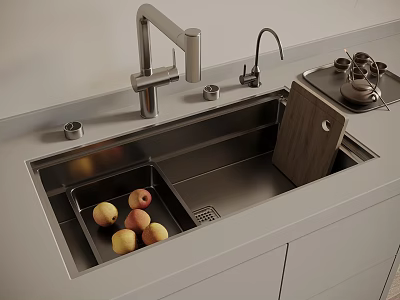 Modern Kitchen Countertop With Stainless Steel Sink Apples And Cutting Board 3d model