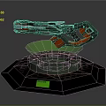 Futuristic Green Red Metallic Weapon On Black Hexagonal Platform With Green Glowing Ring And