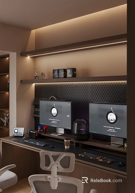 Modern Home Office Interior With Dual Monitors Perforated Wall And LED Lighting 3d model 