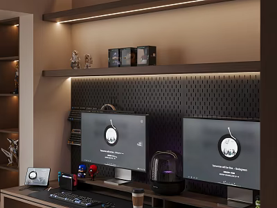 Modern Home Office Interior With Dual Monitors Perforated Wall And LED Lighting 3d model