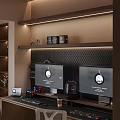 Modern Home Office Interior With Dual Monitors Perforated Wall And LED Lighting