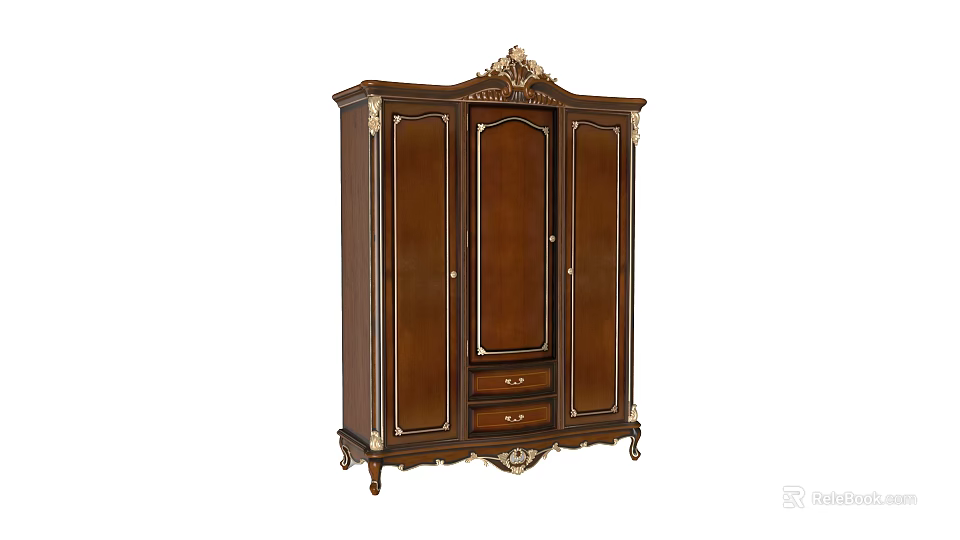 Traditional Wooden Wardrobe With Carved Decorative Details And Drawer Storage Design 3d model 