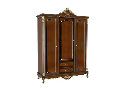 Traditional Wooden Wardrobe With Carved Decorative Details And Drawer Storage Design 3d model