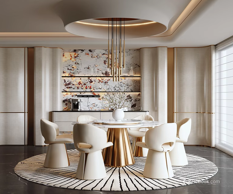 Elegant Restaurant Interior With Round Dining Table White Chairs Golden Legs Decorative Wall And Chandelier 3d model 