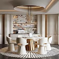 Elegant Restaurant Interior With Round Dining Table White Chairs Golden Legs Decorative Wall And Chandelier