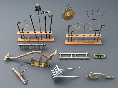 Vintage Agricultural Equipment Display With Wooden and Metal Tools Rakes Hoes And Forks 3d model