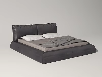Modern Black Leather Double Bed With White Pillows And Gray Blanket 3d model